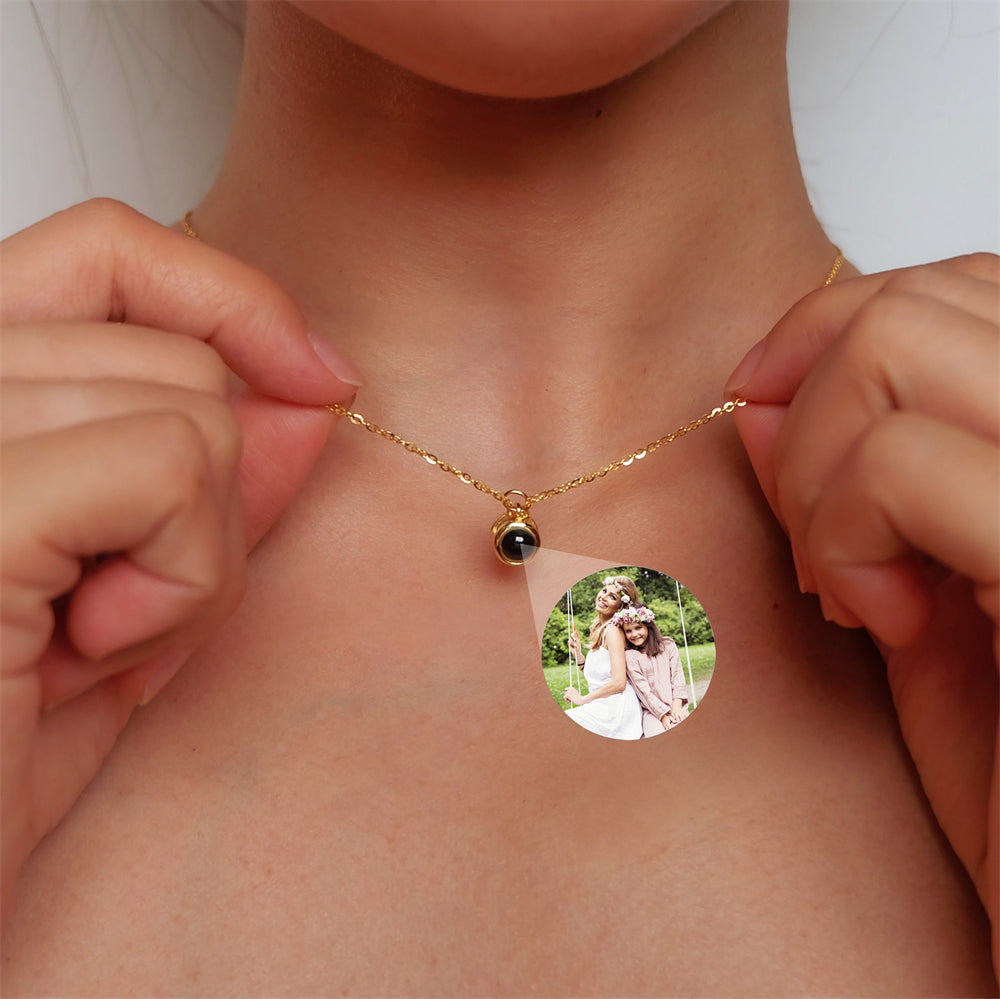 Custom Projection Photo Necklace, Personalized Round Memorial Necklace