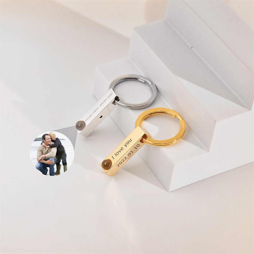 Custom Projection Picture Keychain, Personalised Memorial Photo Keyring, Bar Keychain With Engraved Text