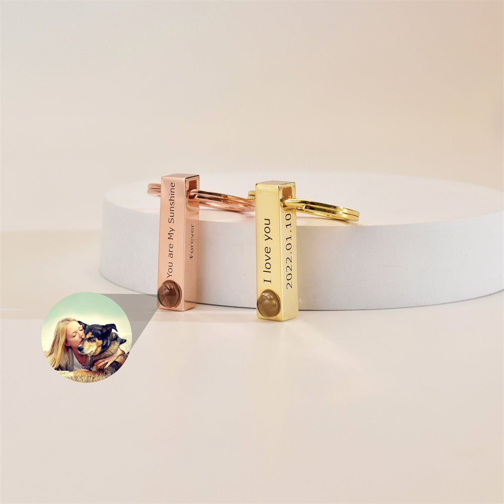 Custom Projection Picture Keychain, Personalised Memorial Photo Keyring, Bar Keychain With Engraved Text