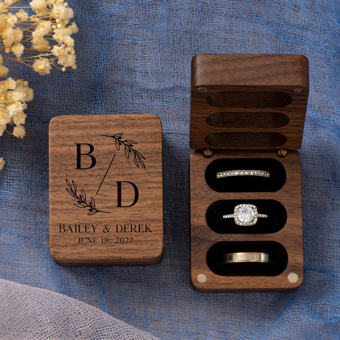 Custom Engagement Ring Box, Triple Flip Wooden Ring Box, Wedding Ring Box, Ring Bearer Ring Box, 3 slots Ring Box, Anniversary Gift