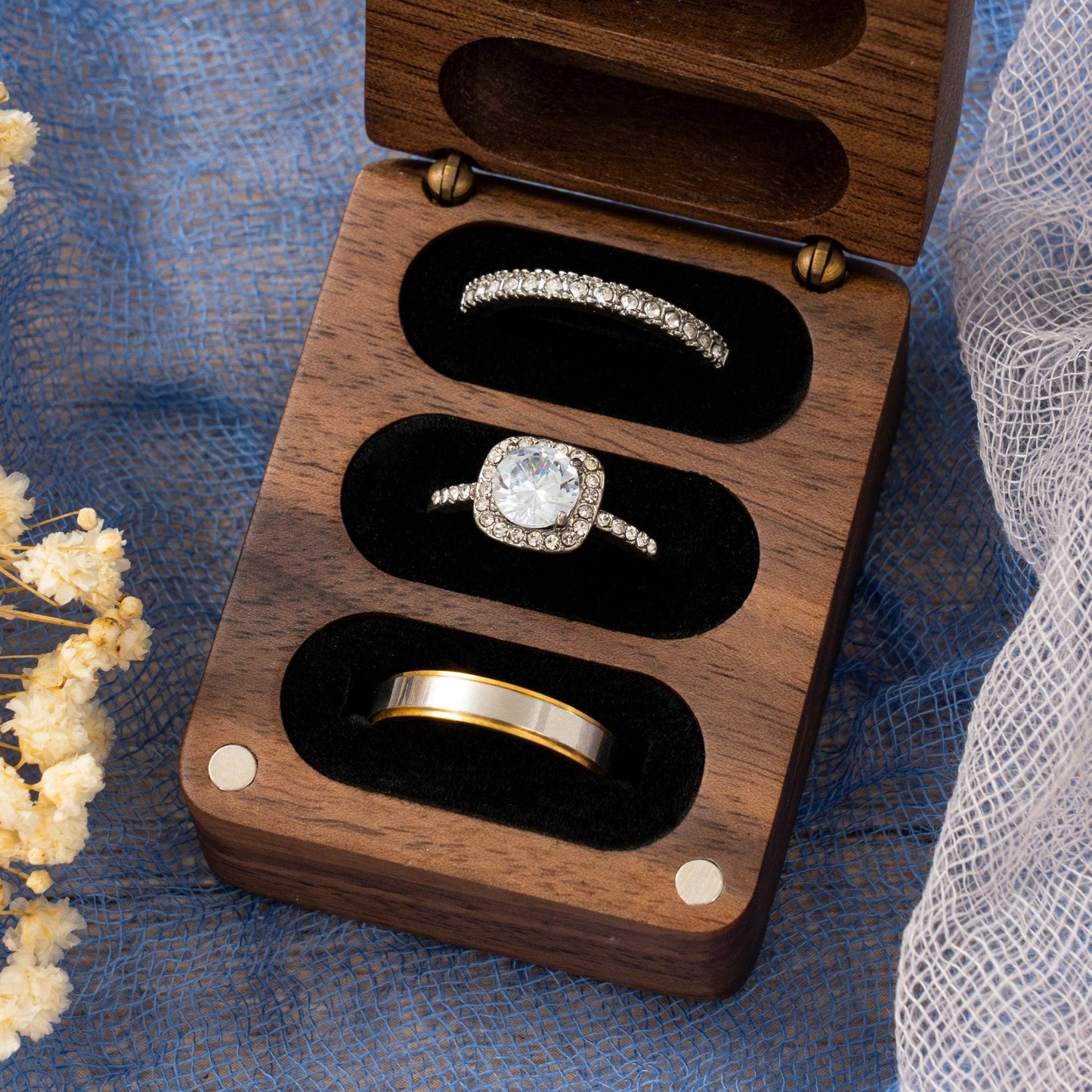 Custom Engagement Ring Box, Triple Flip Wooden Ring Box, Wedding Ring Box, Ring Bearer Ring Box, 3 slots Ring Box, Anniversary Gift