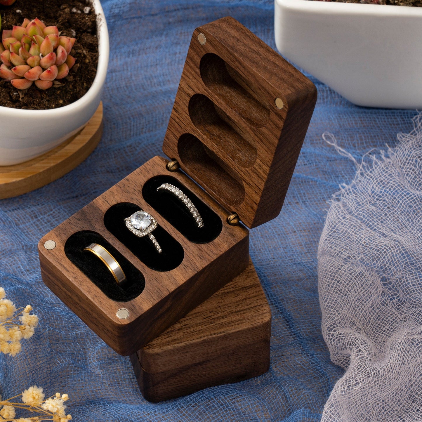 Custom Engagement Ring Box, Triple Flip Wooden Ring Box, Wedding Ring Box, Ring Bearer Ring Box, 3 slots Ring Box, Anniversary Gift