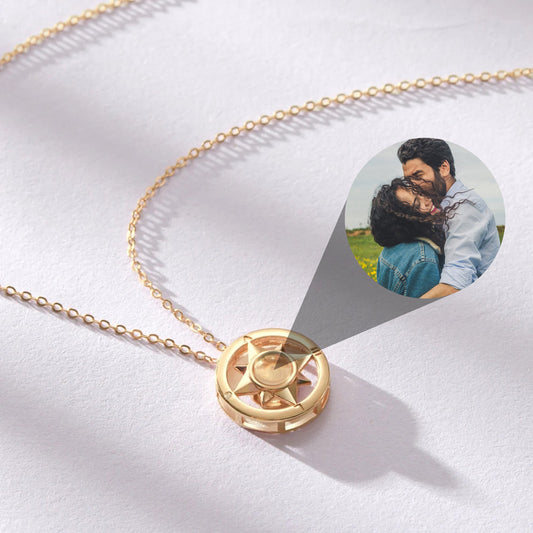 Custom Compass Projection Necklace, Personalized Memorial Photo Pendant