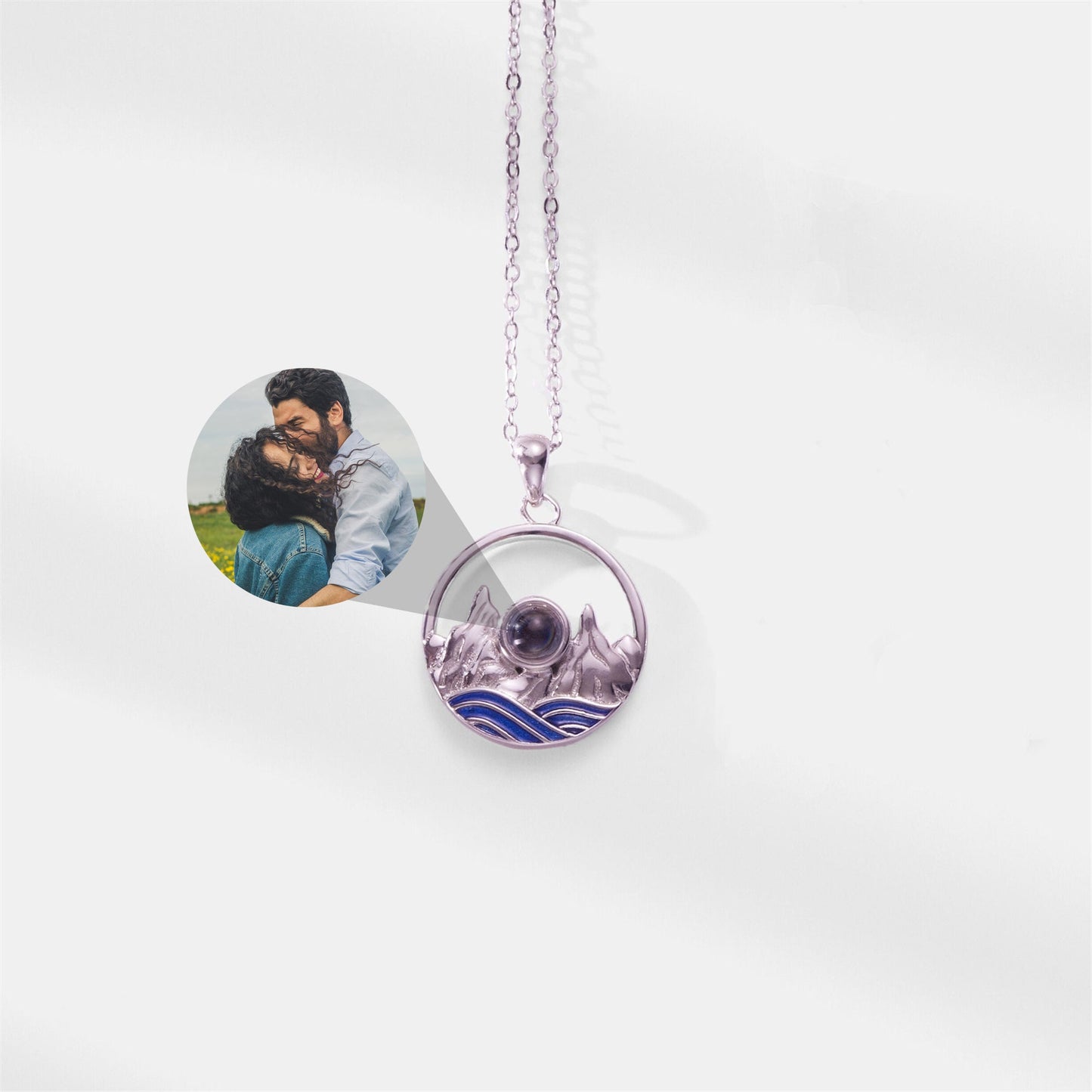 Collier de projection pour couple montagne océan, pendentif hoto personnalisé en forme de cercle