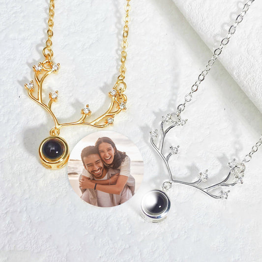 Personalized Deer Projection Couple Necklace, Custom Memorial Photo Jewelry