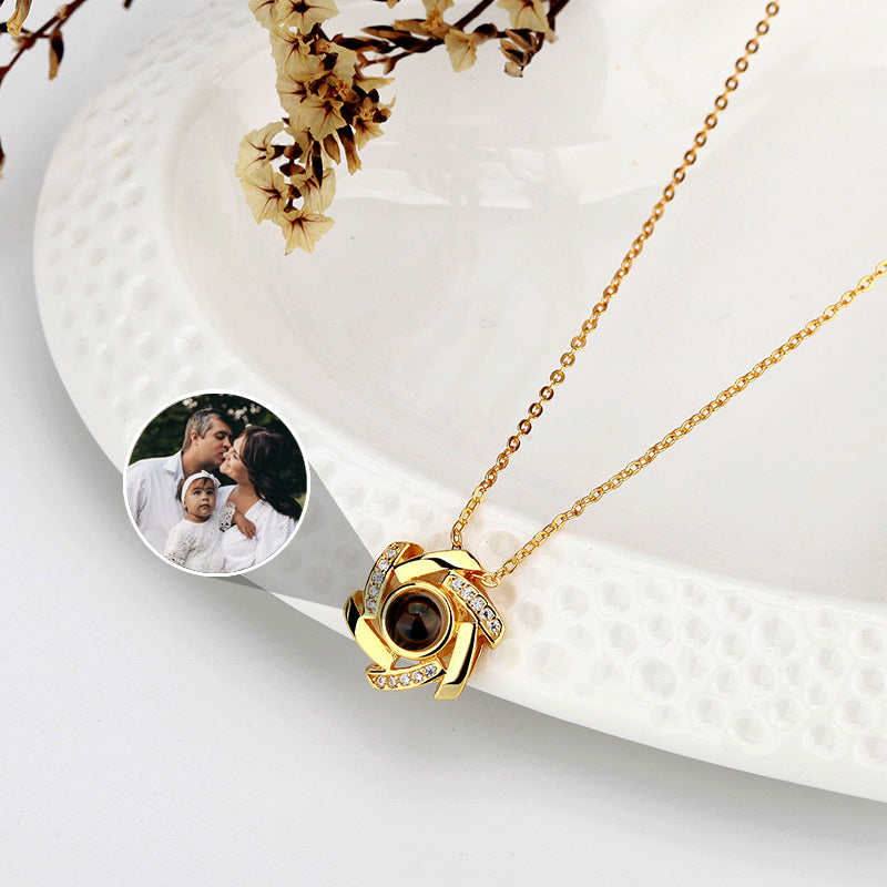 Personalized Photo Projection Necklace With Diamond Flower