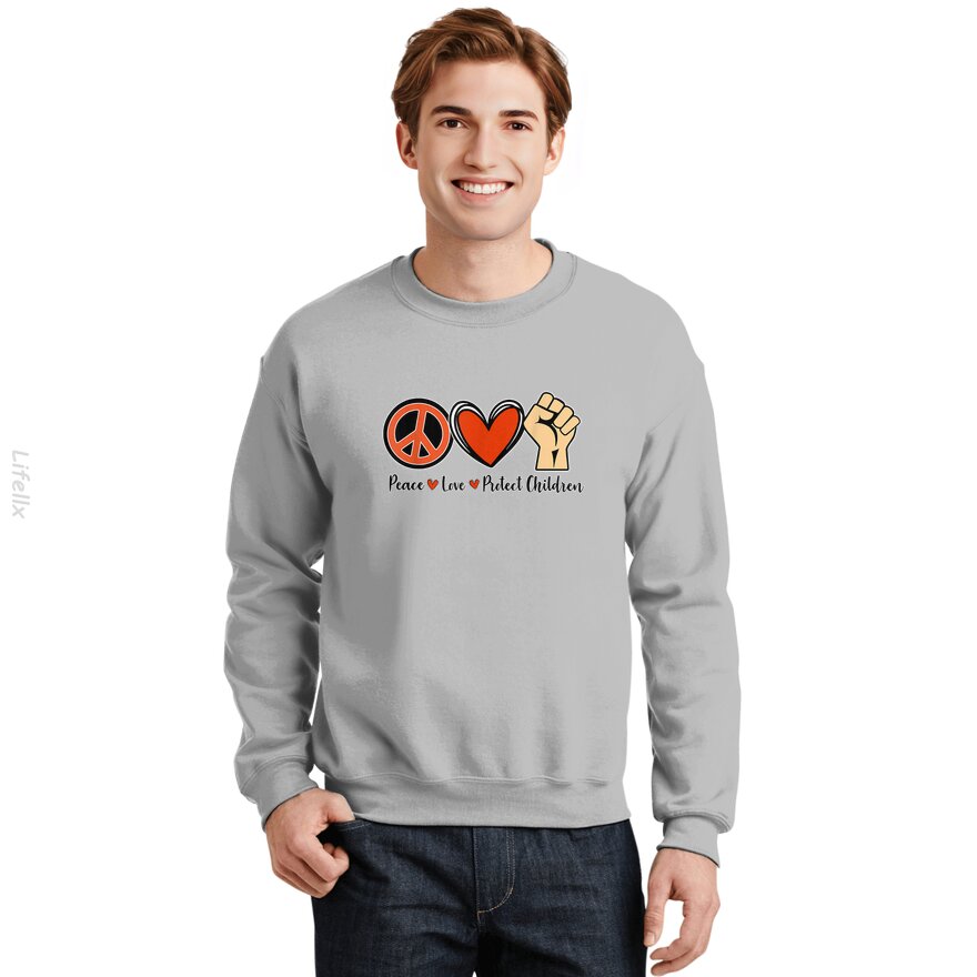 Bescherm Onze Kinderen, Stop Geweld met Vuurwapens, Oranje Vredesteken Sweatshirt door @Breez