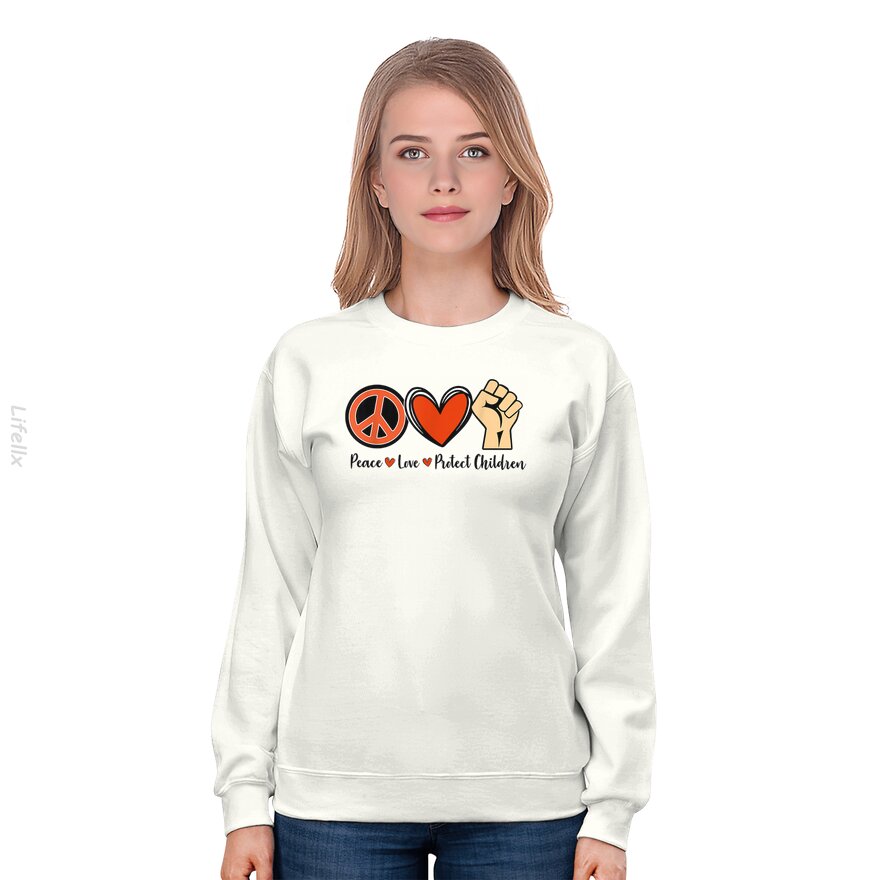 Bescherm Onze Kinderen, Stop Geweld met Vuurwapens, Oranje Vredesteken Sweatshirt door @Breez