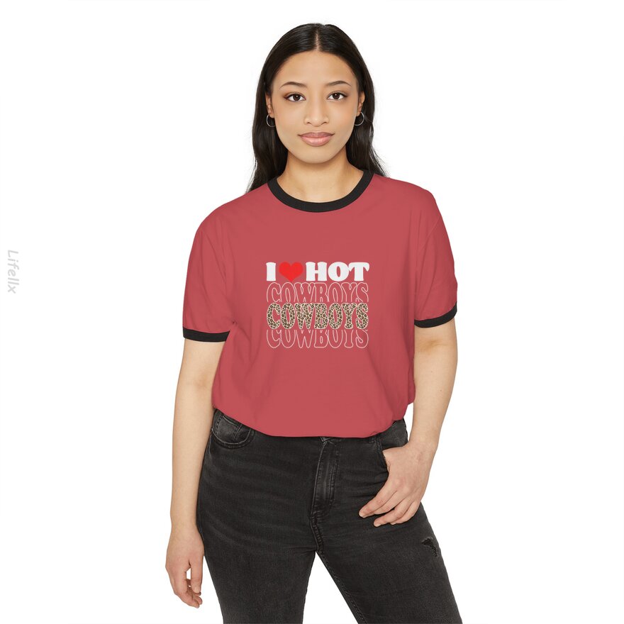 I Love Hot Cowboys Funny Leopard Plaid T-Shirt By @Breez