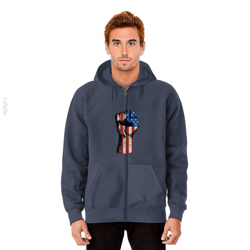 Fist Pump American Flag Tough Strong America First Zip Hoodie By @Breez