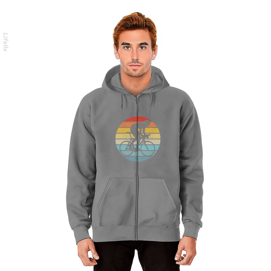 Biker Bicyclist Silhouette On A Distressed Retro Sunset design Zip Hoodies By @Breez