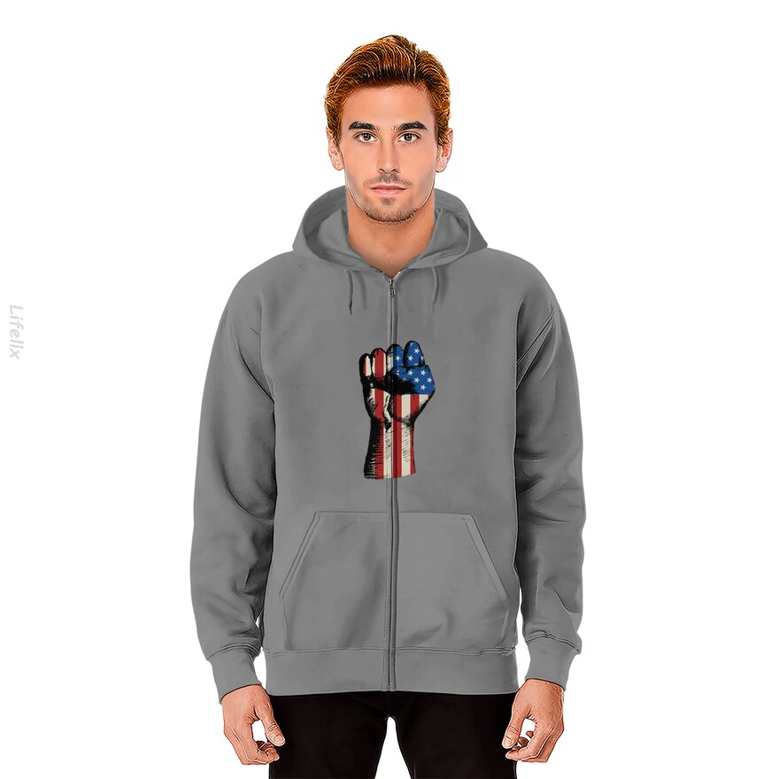 Fist Pump American Flag Tough Strong America First Zip Hoodie By @Breez