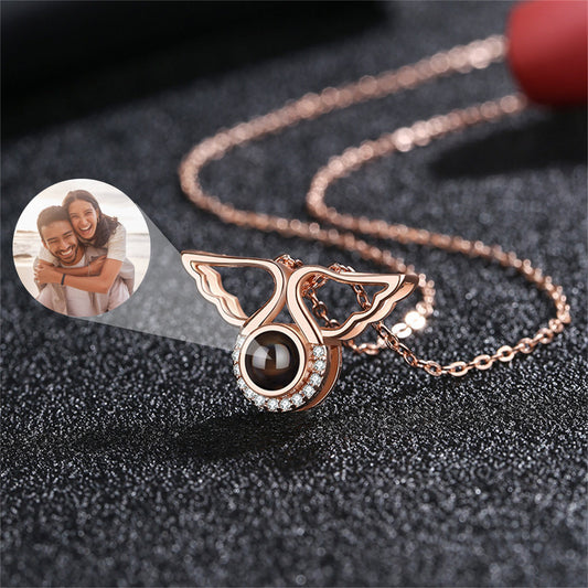 Personalized Angel Wing Projection Necklace, Customized Memorial Photo Pendant Jewelry