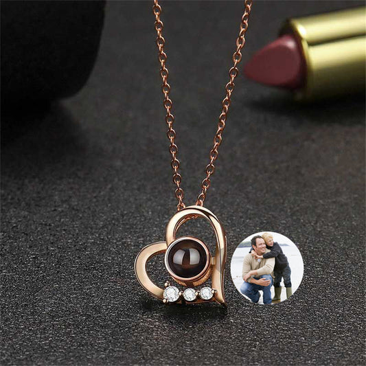 Personalized Photo Projection Necklace, Heart Three Diamonds Necklace